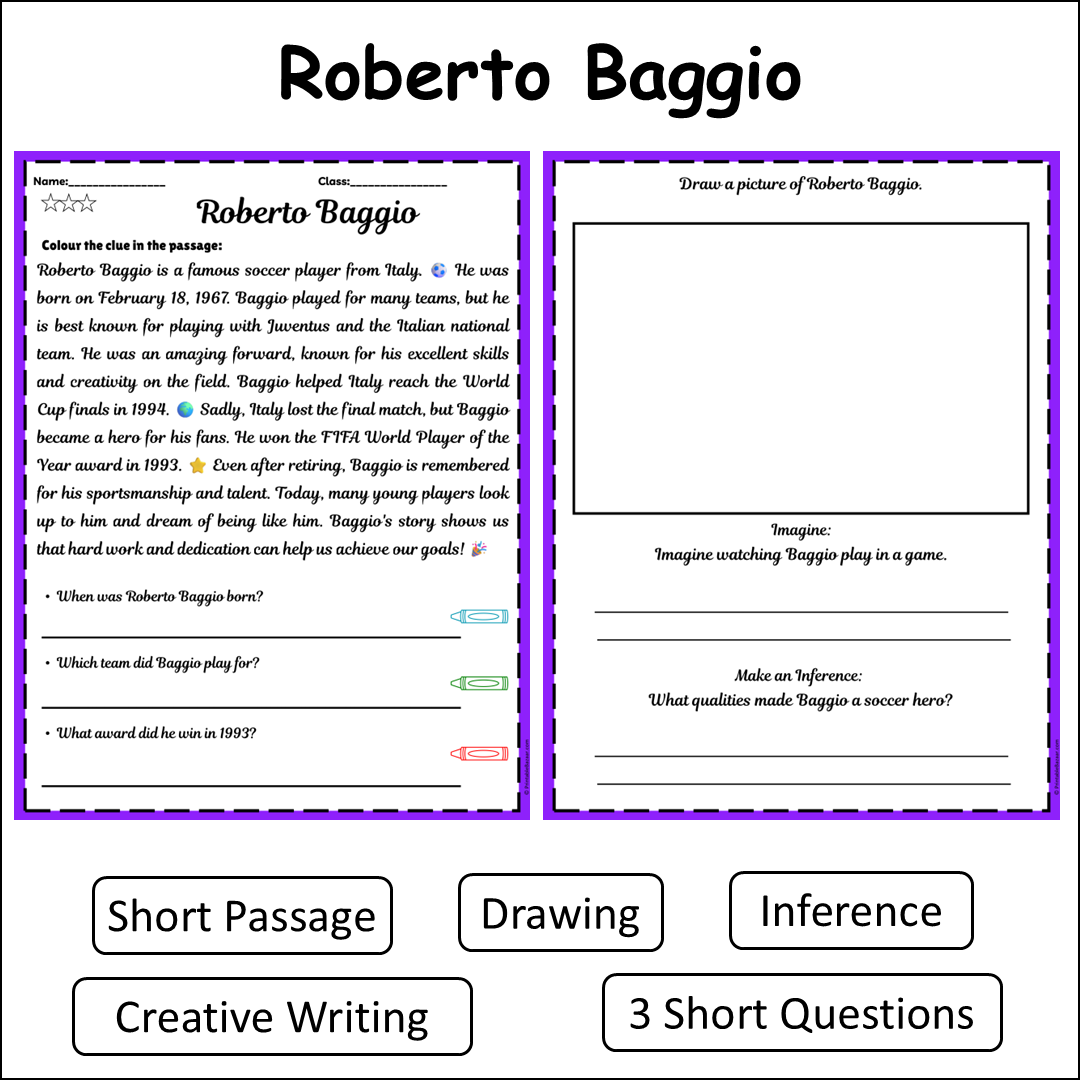 Roberto Baggio | Short Reading Comprehension Creative Worksheet