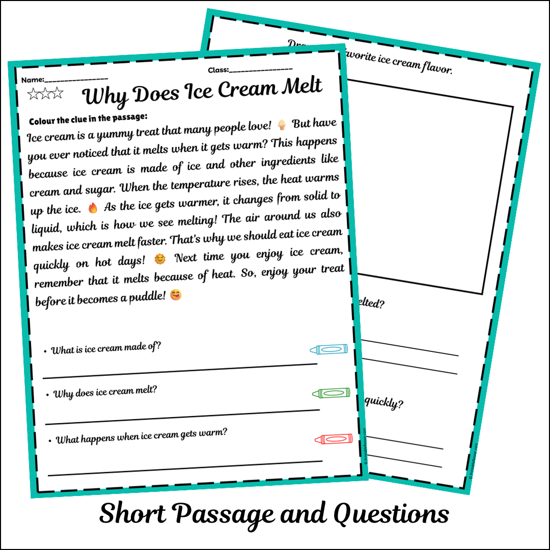 Why Does Ice Cream Melt | Short Reading Comprehension Creative Worksheet