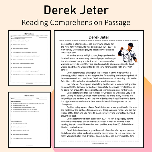 Derek Jeter | Reading Comprehension Passage Printable Activity