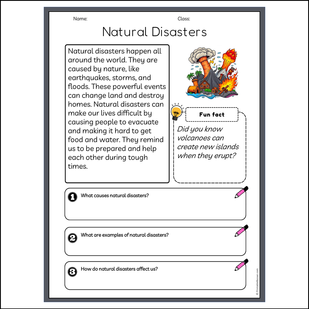 Natural Disasters | Reading Passage Comprehension Questions Writing Facts Worksheet