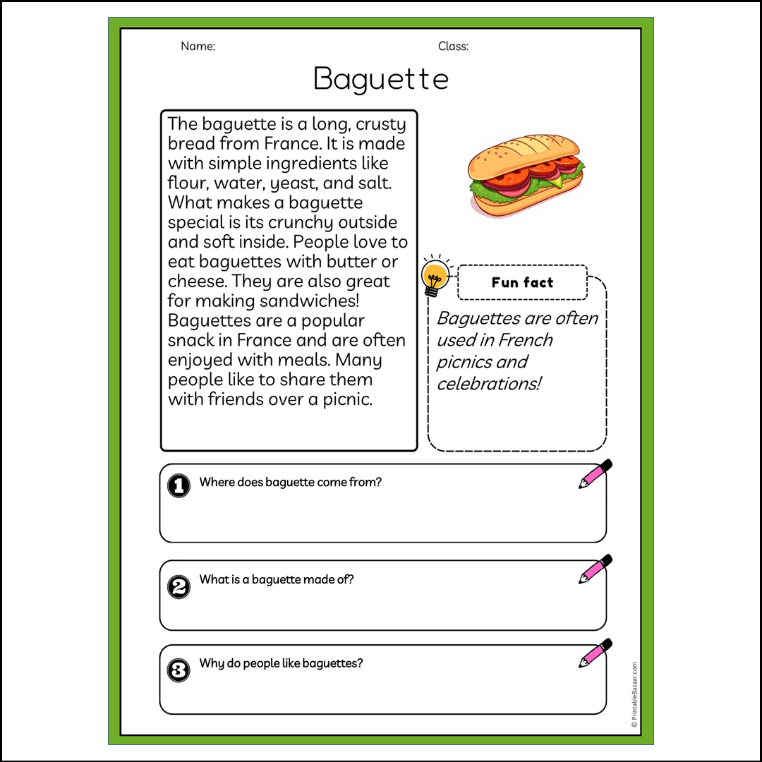 Baguette | Reading Passage Comprehension Questions Writing Facts Worksheet