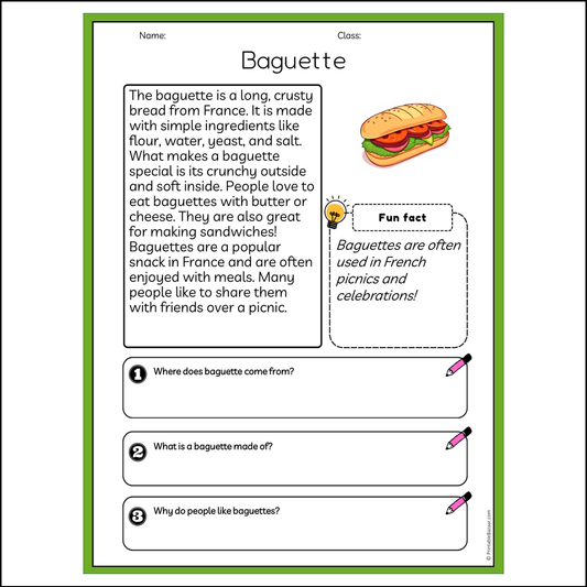 Baguette | Reading Passage Comprehension Questions Writing Facts Worksheet