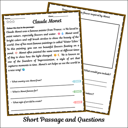 Claude Monet | Short Reading Comprehension Creative Worksheet