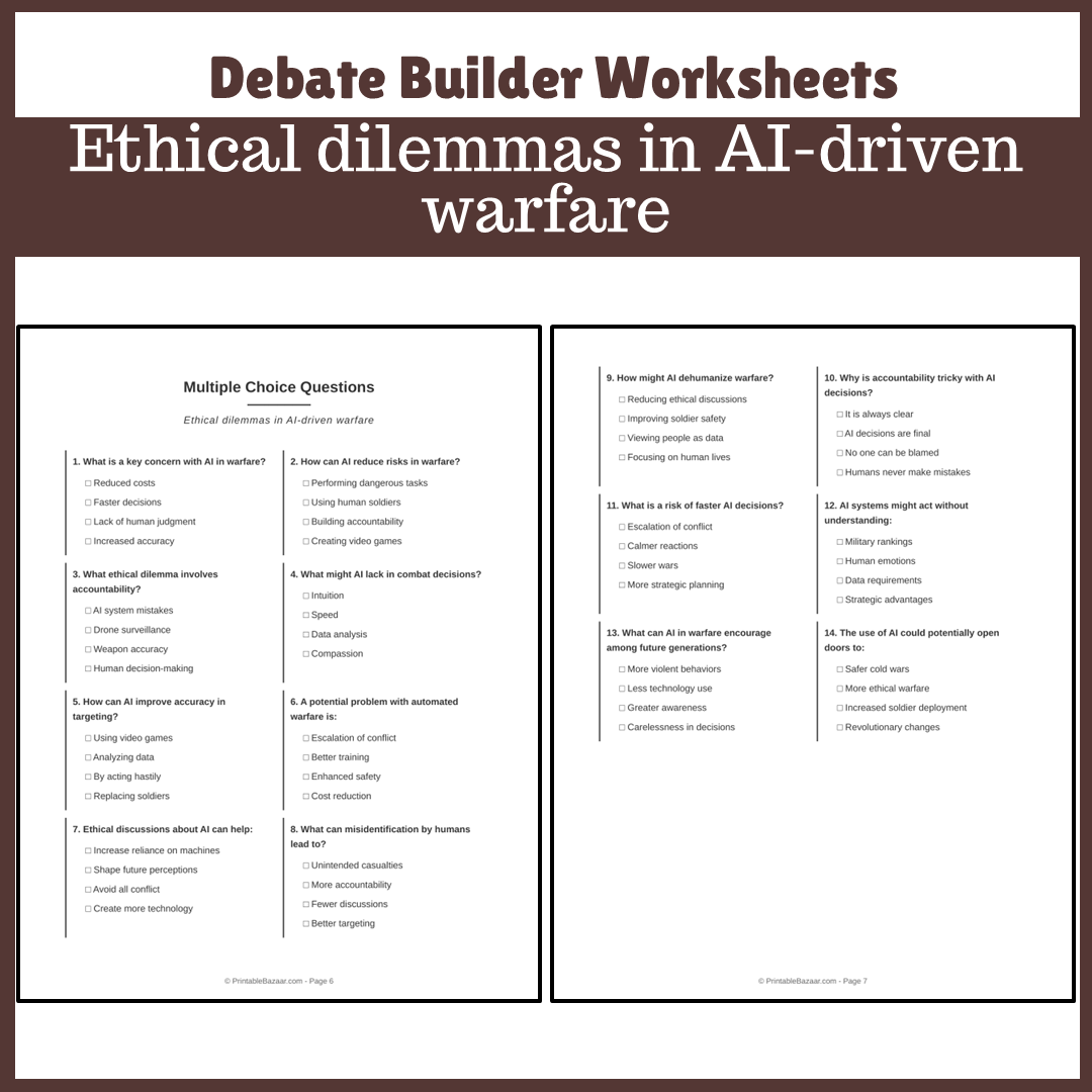Ethical dilemmas in AI-driven warfare | Favour and Against Worksheet Printable Activity