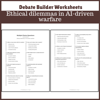 Ethical dilemmas in AI-driven warfare | Favour and Against Worksheet Printable Activity
