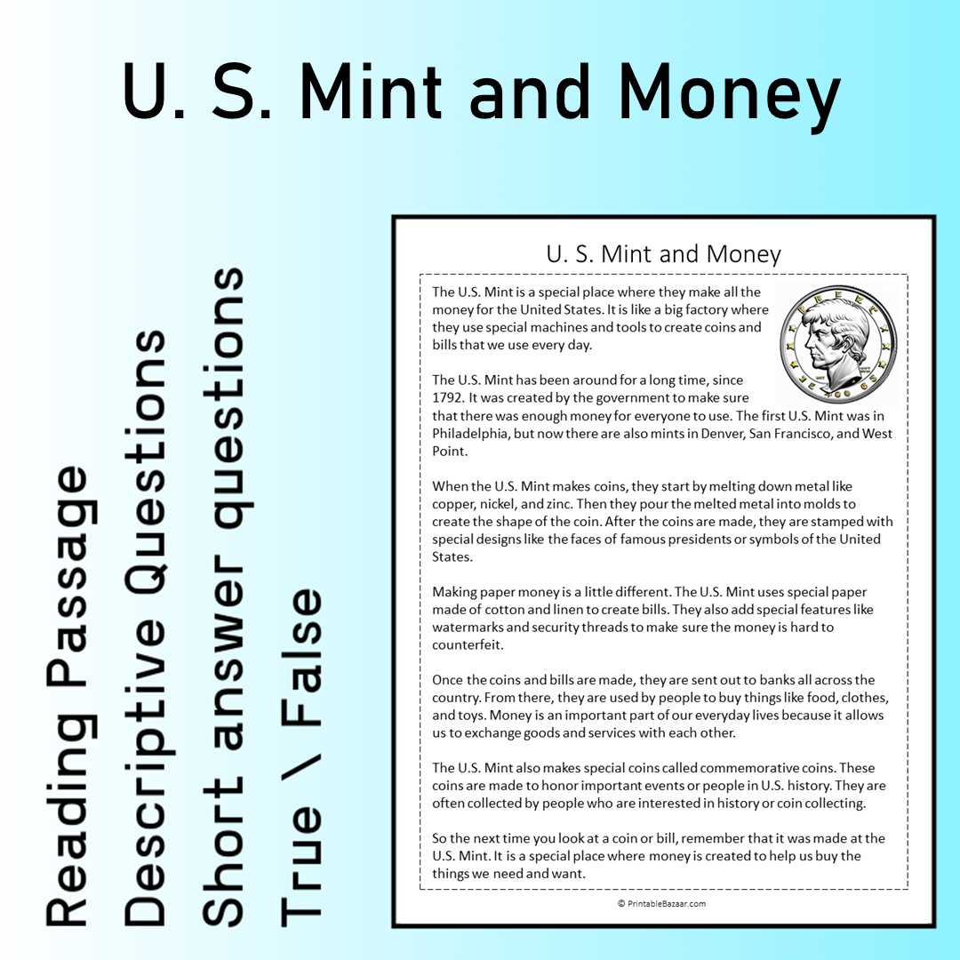 U. S. Mint and Money | Reading Comprehension Passage Printable Worksheet