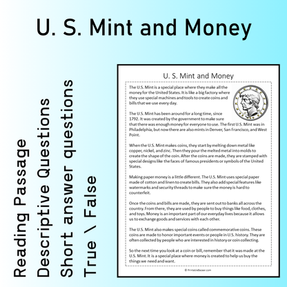 U. S. Mint and Money | Reading Comprehension Passage Printable Worksheet