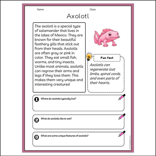 Axolotl | Reading Passage Comprehension Questions Writing Facts Worksheet