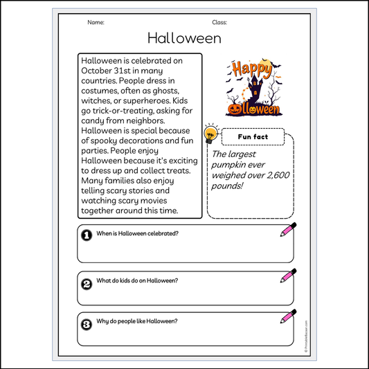 Halloween | Reading Passage Comprehension Questions Writing Facts Worksheet