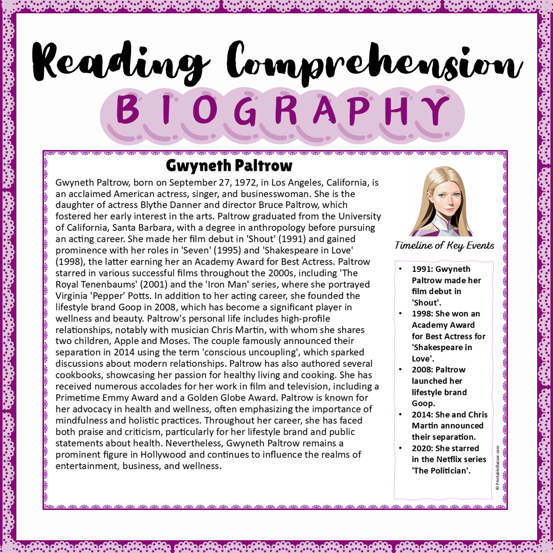 Gwyneth Paltrow | Biography Reading Comprehension and Questions Worksheet