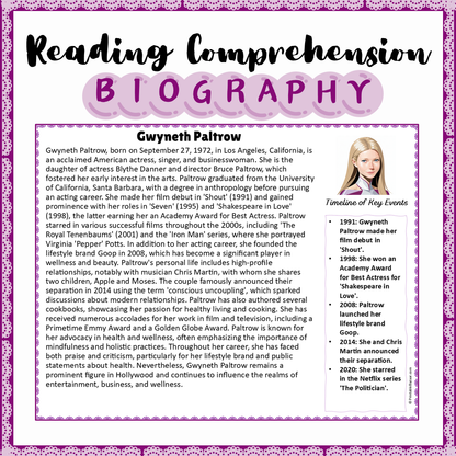 Gwyneth Paltrow | Biography Reading Comprehension and Questions Worksheet