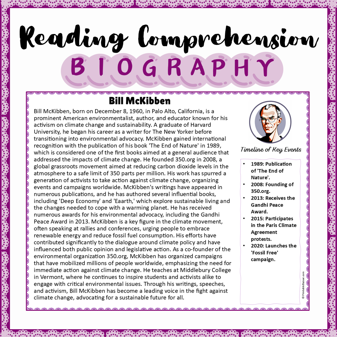 Bill McKibben | Biography Reading Comprehension and Questions Worksheet