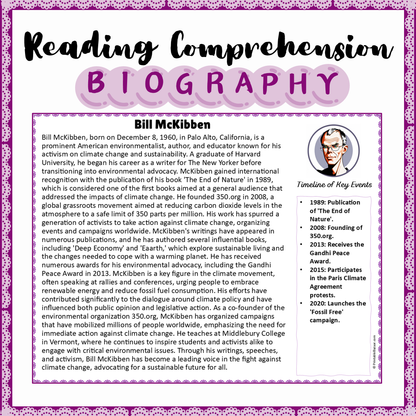 Bill McKibben | Biography Reading Comprehension and Questions Worksheet