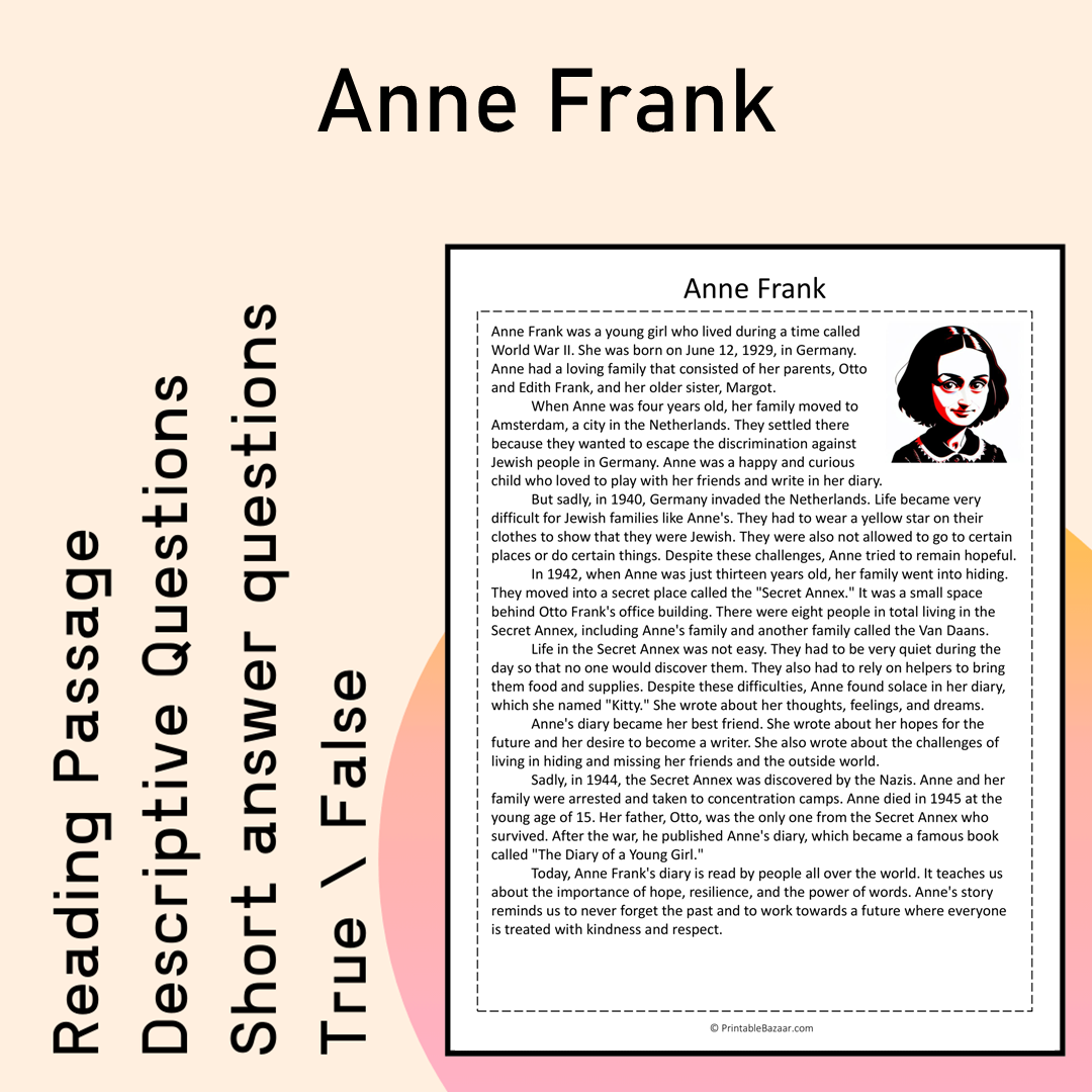 Anne Frank | Reading Comprehension Passage Printable Activity