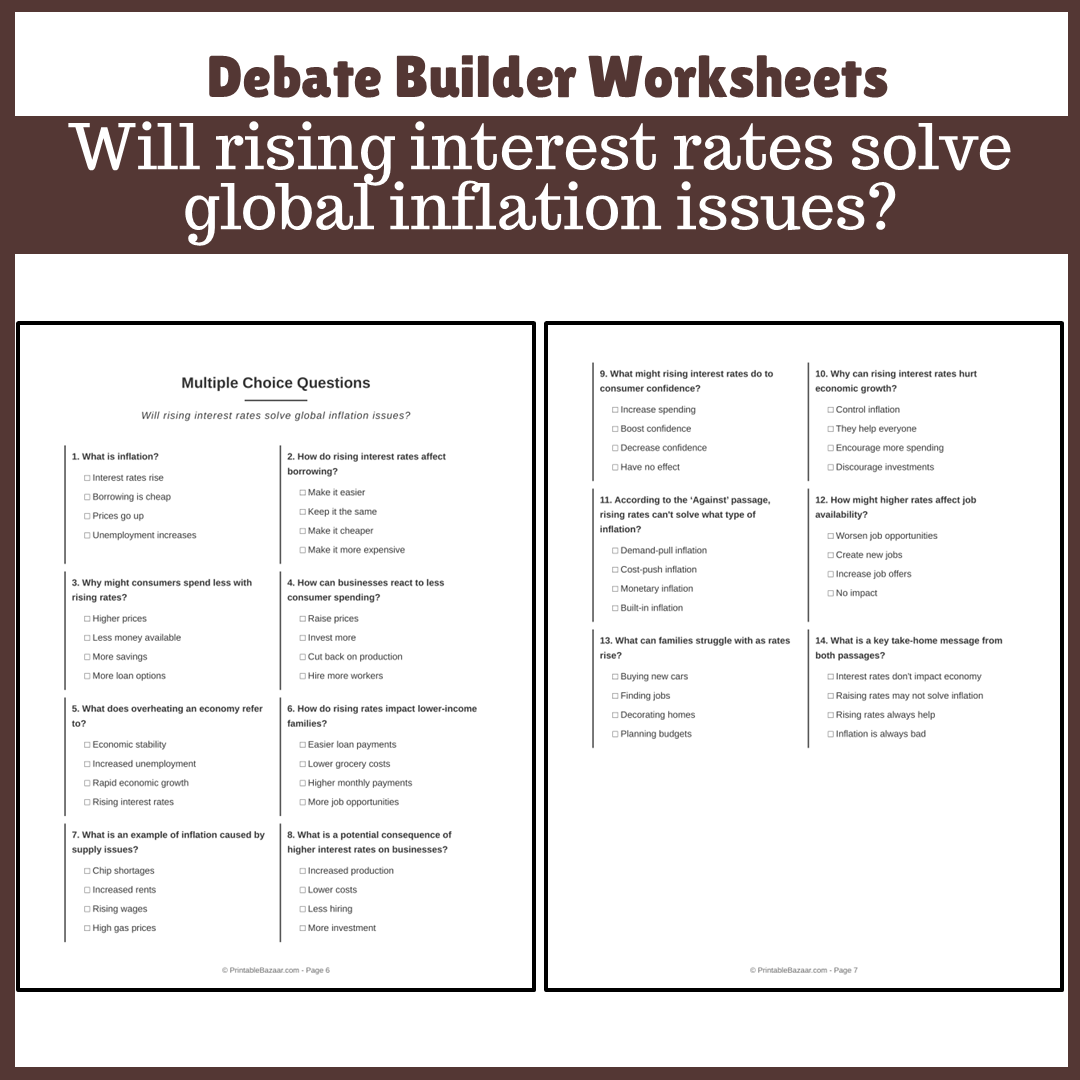 Will rising interest rates solve global inflation issues? | Favour and Against Worksheet Printable Activity