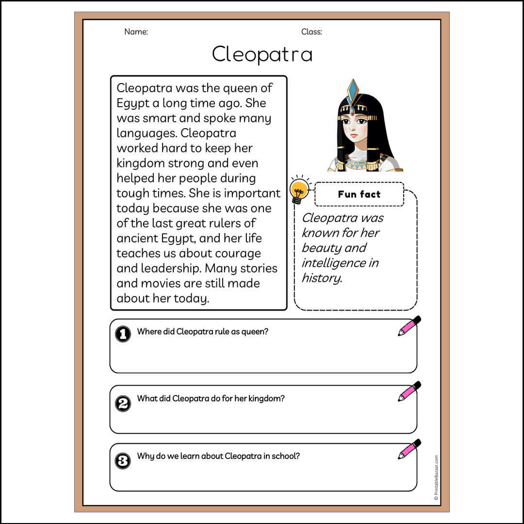 Cleopatra | Reading Passage Comprehension Questions Writing Facts Worksheet