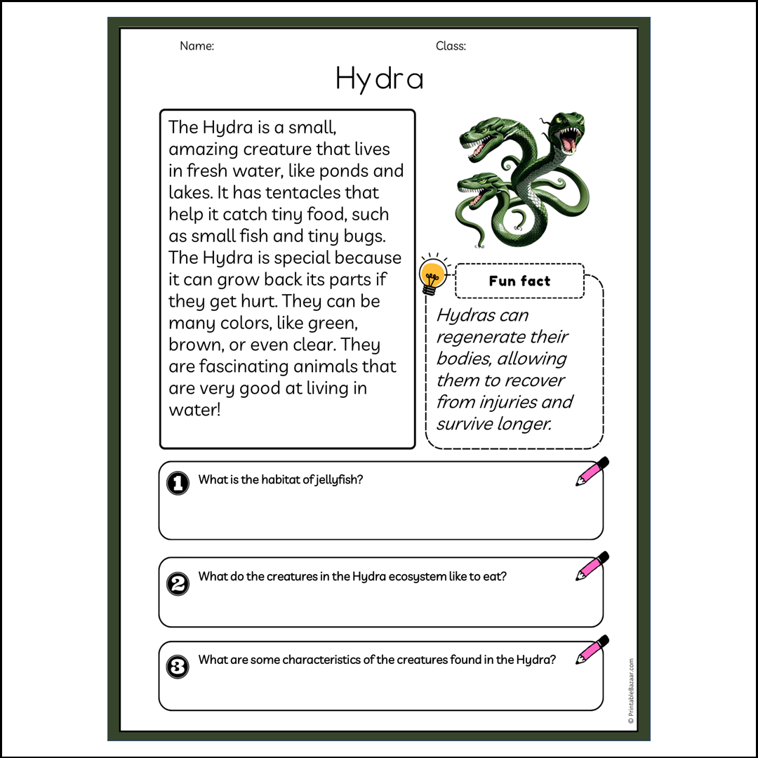 Hydra | Reading Passage Comprehension Questions Writing Facts Worksheet