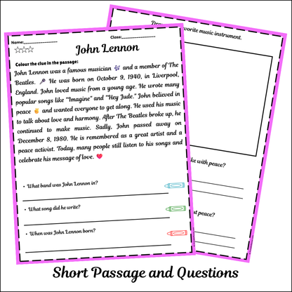 John Lennon | Short Reading Comprehension Creative Worksheet