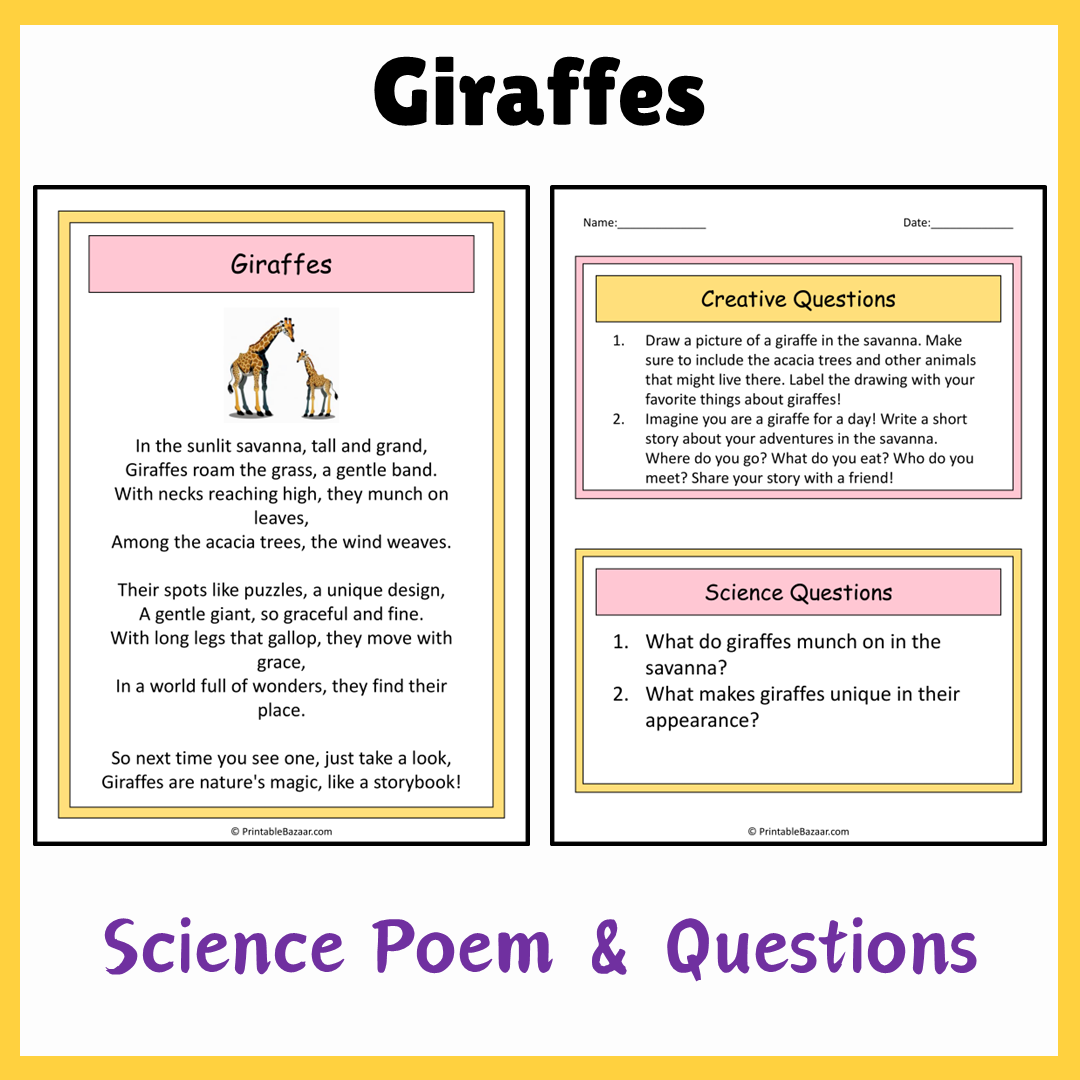 Giraffes | Science Poem Reading Comprehension Activity