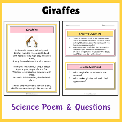 Giraffes | Science Poem Reading Comprehension Activity