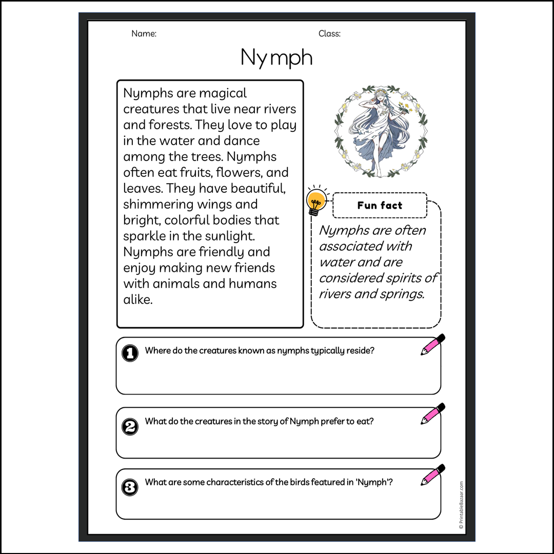 Nymph | Reading Passage Comprehension Questions Writing Facts Worksheet