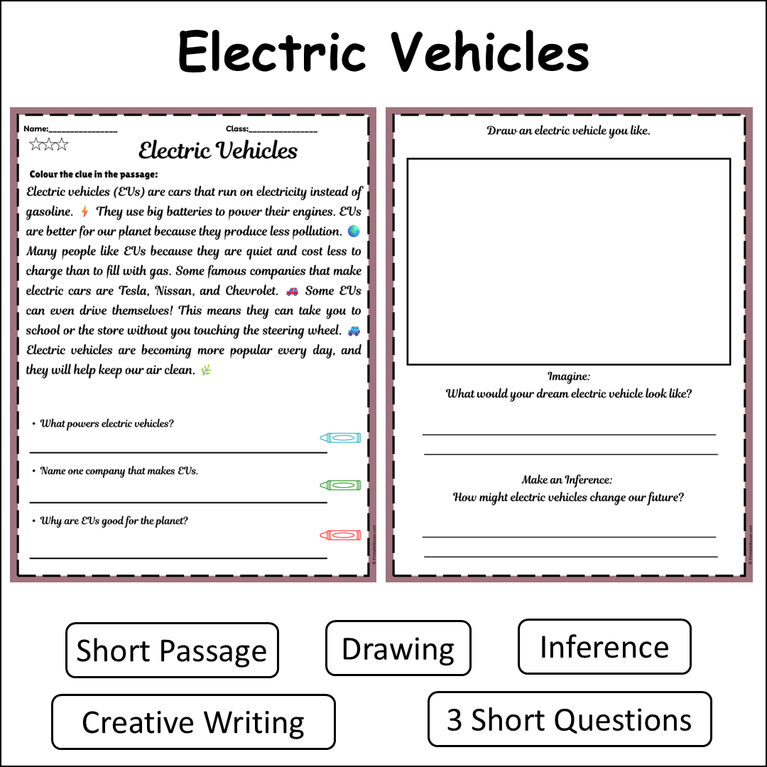 Electric Vehicles | Short Reading Comprehension Creative Worksheet