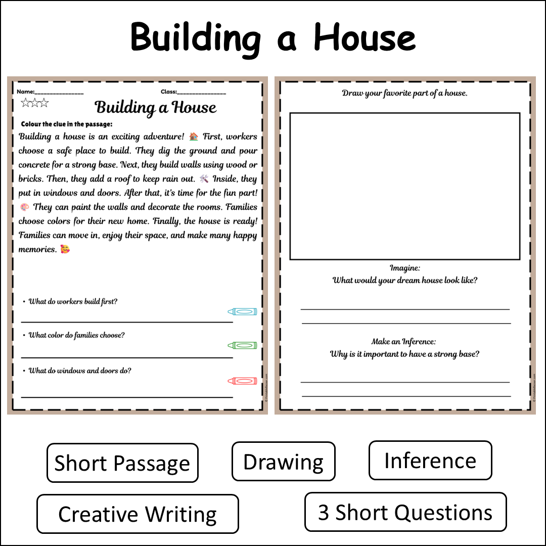 Building a House | Short Reading Comprehension Creative Worksheet