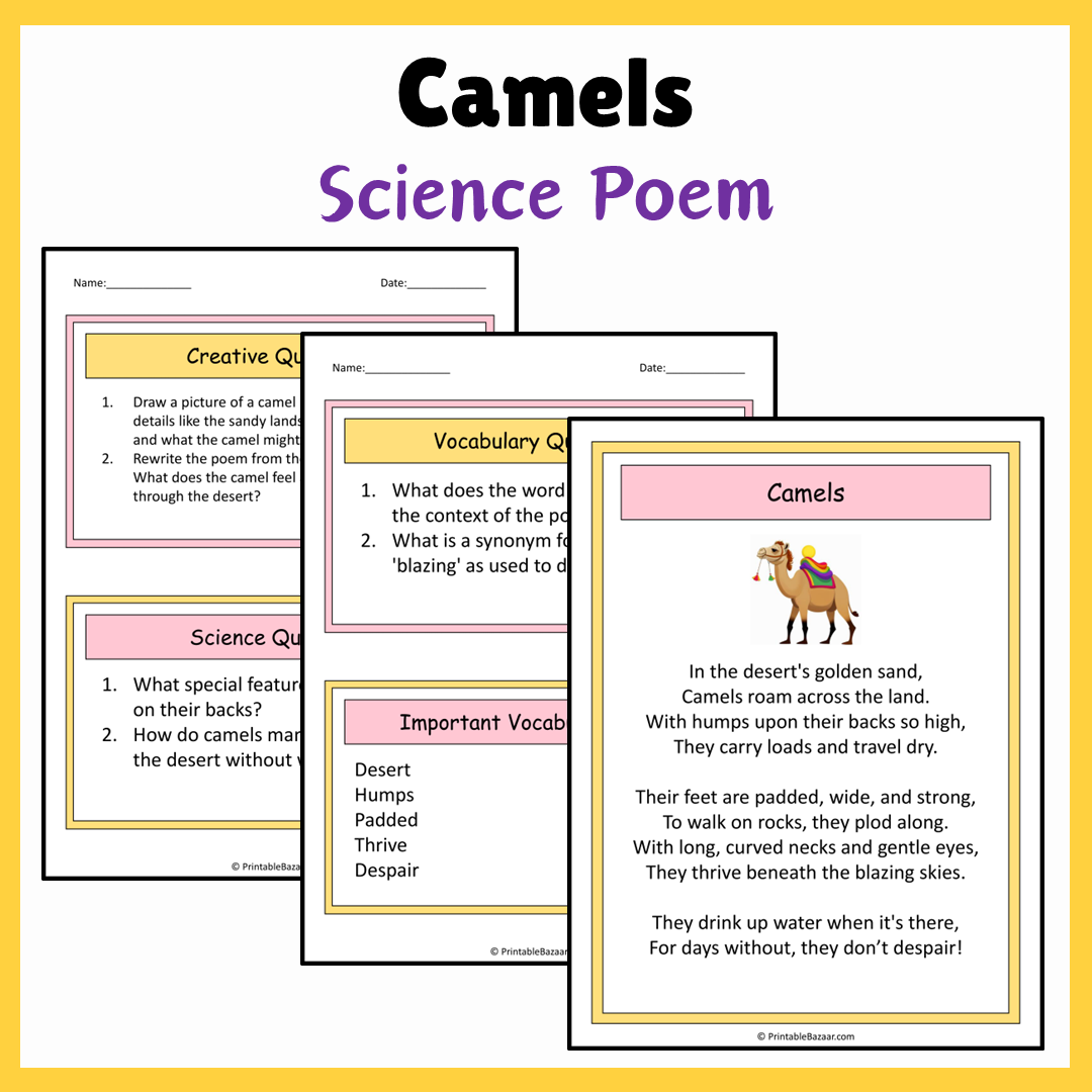 Camels | Science Poem Reading Comprehension Activity