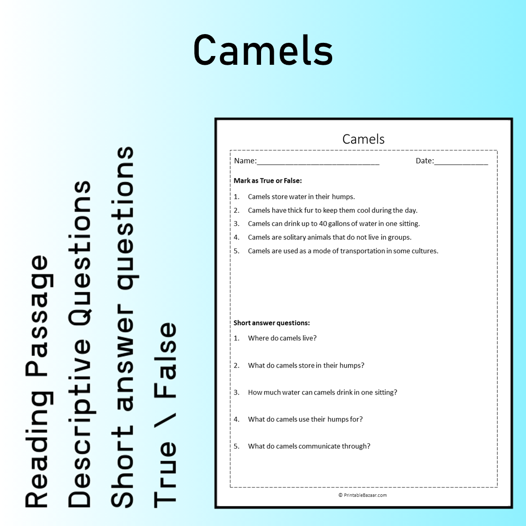 Camels | Reading Comprehension Passage Printable Worksheet