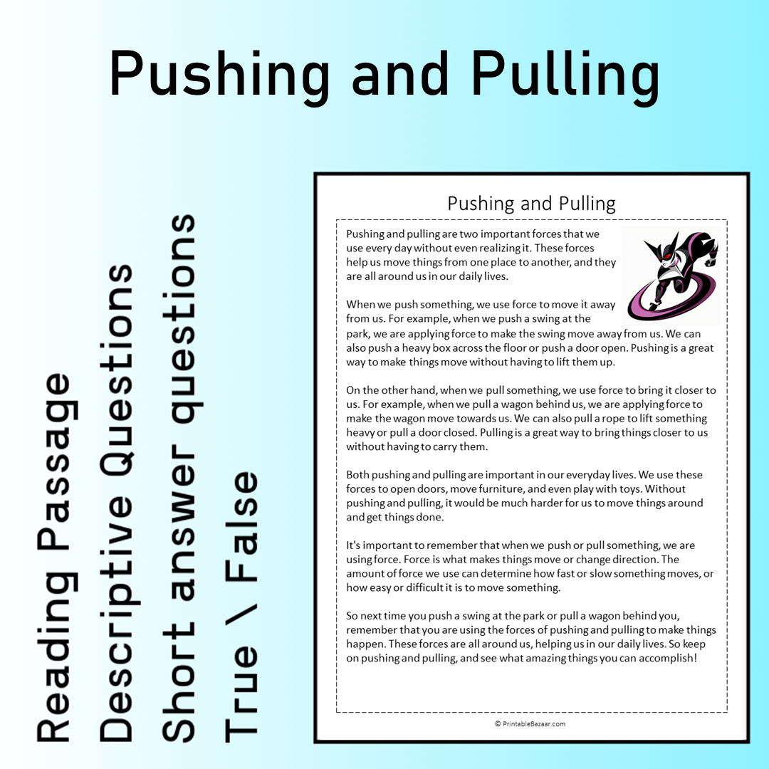Pushing and Pulling | Reading Comprehension Passage Printable Worksheet