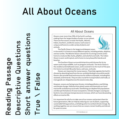 All About Oceans | Reading Comprehension Passage Printable Worksheet