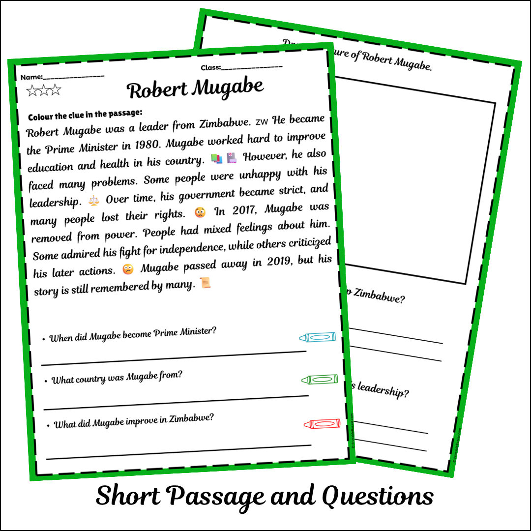 Robert Mugabe | Short Reading Comprehension Creative Worksheet