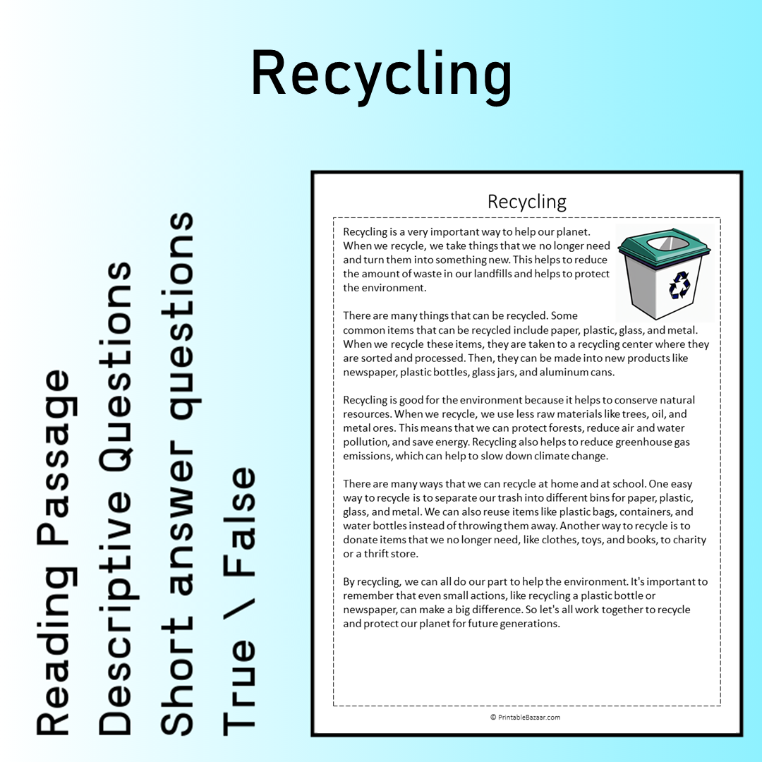 Recycling | Reading Comprehension Passage Printable Worksheet