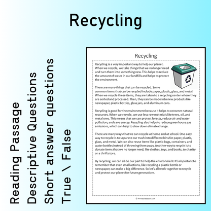 Recycling | Reading Comprehension Passage Printable Worksheet