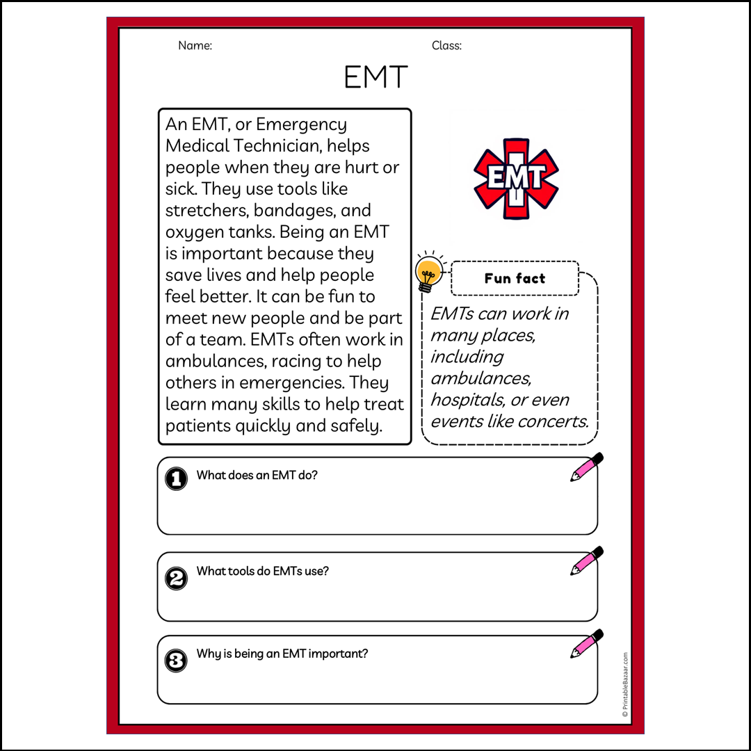 EMT | Reading Passage Comprehension Questions Writing Facts Worksheet