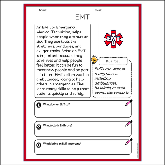 EMT | Reading Passage Comprehension Questions Writing Facts Worksheet