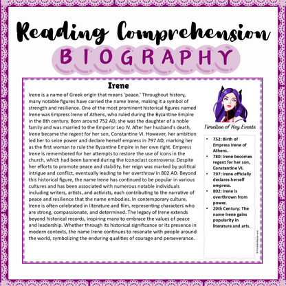 Irene | Biography Reading Comprehension and Questions Worksheet