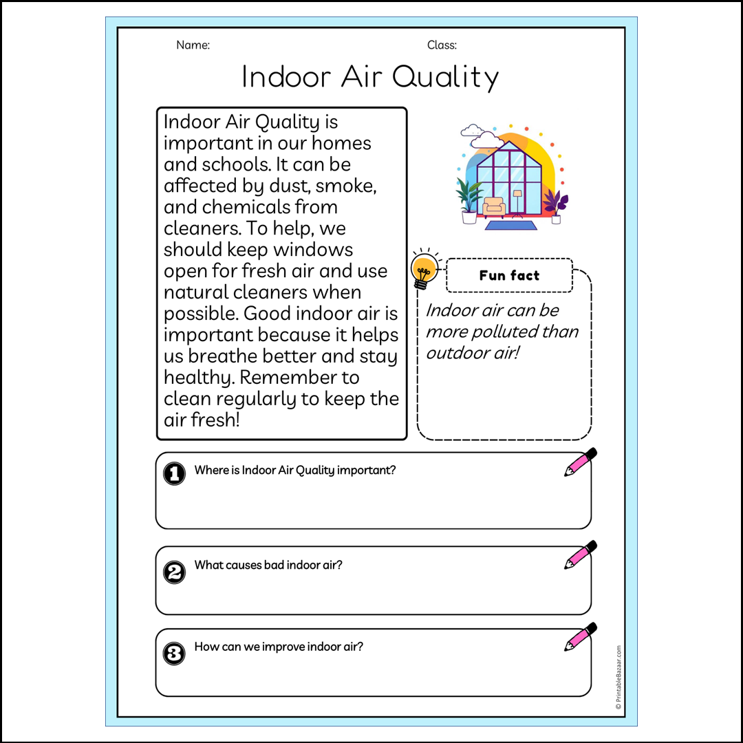 Indoor Air Quality | Reading Passage Comprehension Questions Writing Facts Worksheet