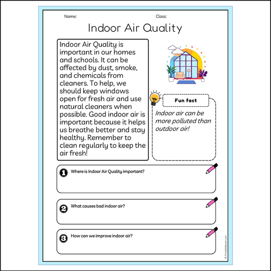 Indoor Air Quality | Reading Passage Comprehension Questions Writing Facts Worksheet