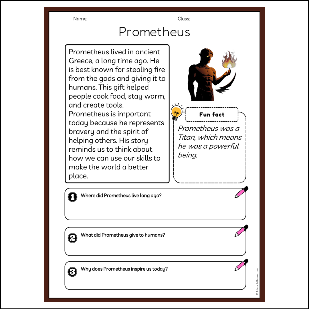 Prometheus | Reading Passage Comprehension Questions Writing Facts Worksheet