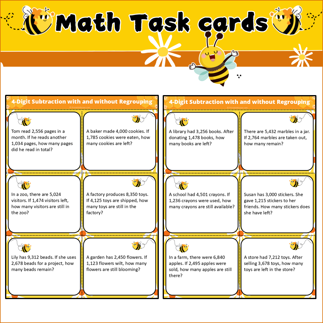 4-Digit Subtraction with and without Regrouping | Math Task Cards