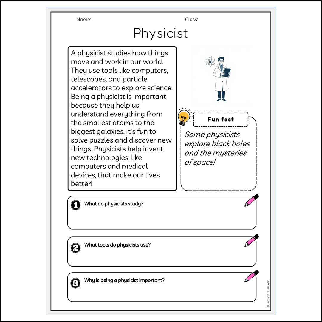 Physicist | Reading Passage Comprehension Questions Writing Facts Worksheet