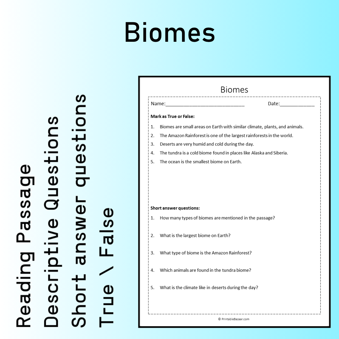 Biomes | Reading Comprehension Passage Printable Worksheet