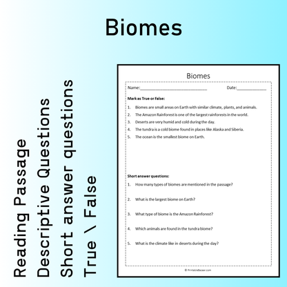 Biomes | Reading Comprehension Passage Printable Worksheet