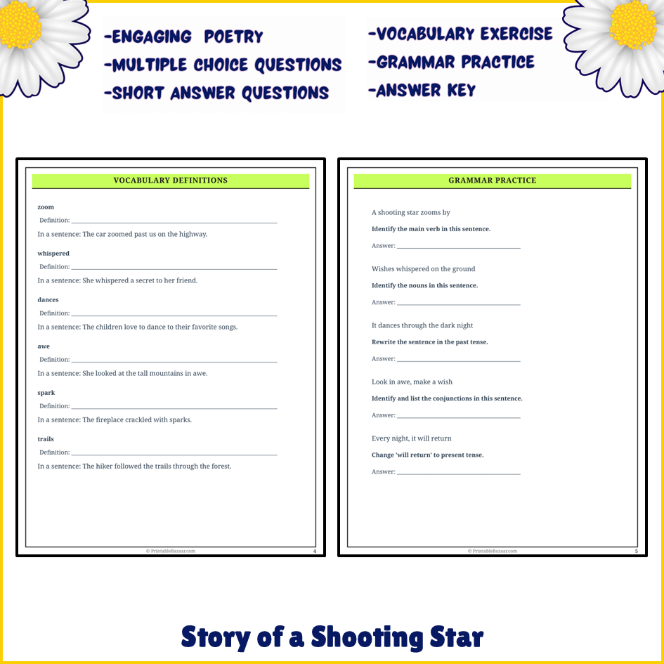 Story of a Shooting Star | Poem Grammar Worksheet Printable Activity