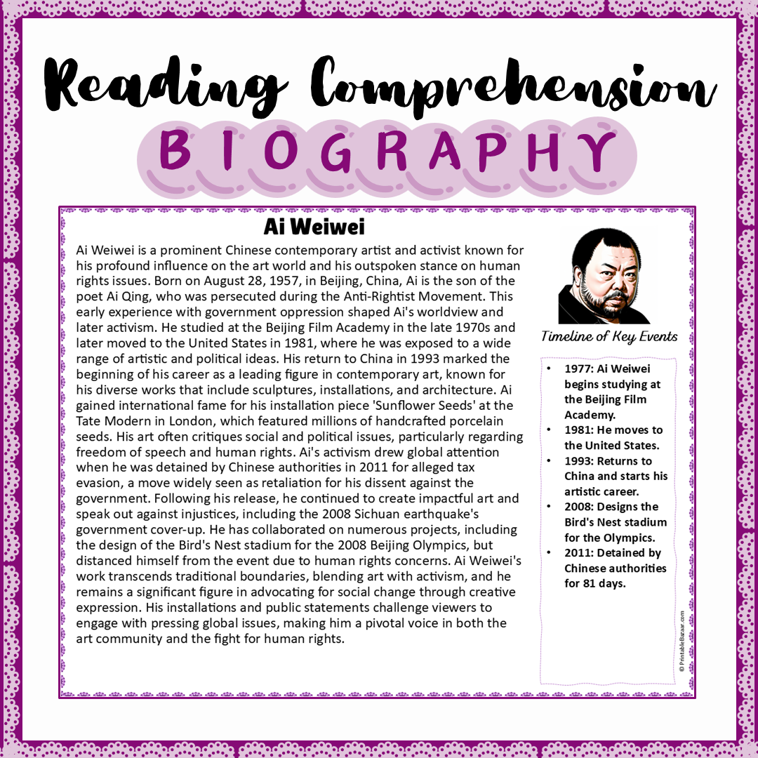 Ai Weiwei | Biography Reading Comprehension and Questions Worksheet