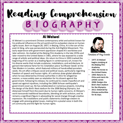 Ai Weiwei | Biography Reading Comprehension and Questions Worksheet