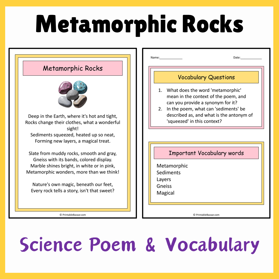 Metamorphic Rocks | Science Poem Reading Comprehension Activity