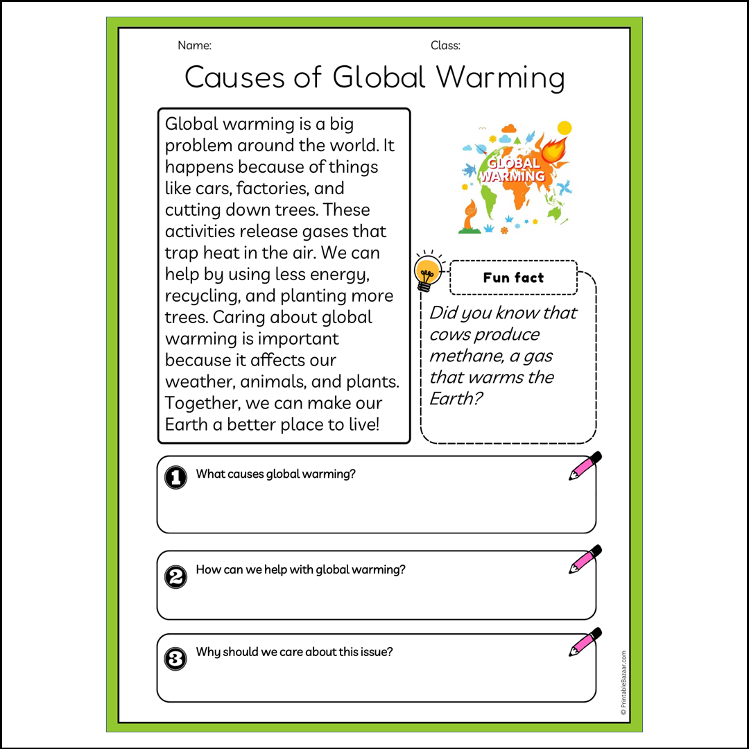 Causes of Global Warming | Reading Passage Comprehension Questions Writing Facts Worksheet