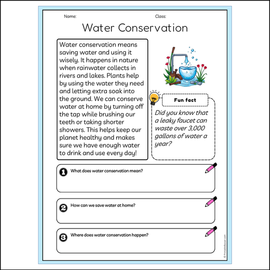 Water Conservation | Reading Passage Comprehension Questions Writing Facts Worksheet